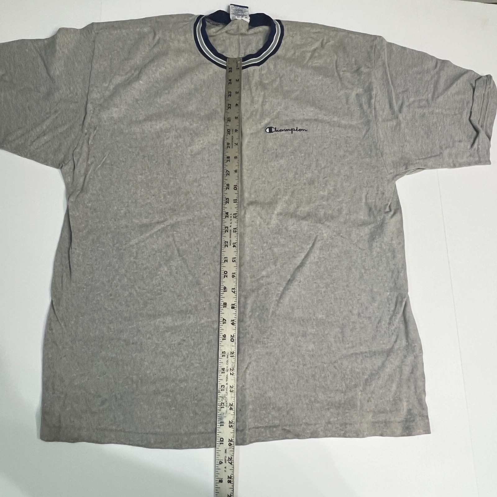 Vtg Champion Script Basic ringer collar  gray T S… - image 9