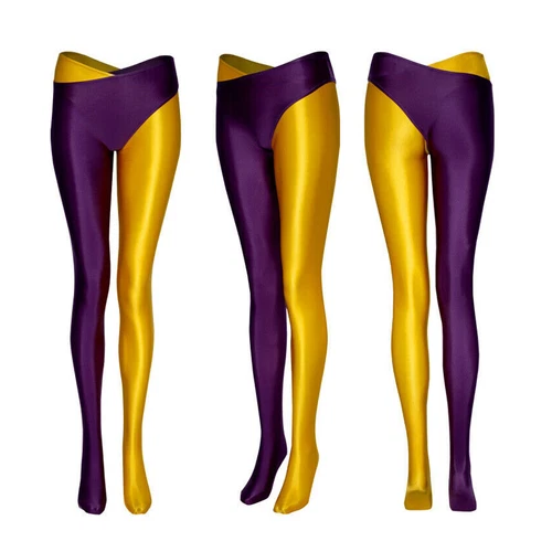 Women Shiny Glossy Seperated 2 Legs Pantyhose Open Crotch Sports Yoga Stockings - Picture 8 of 27