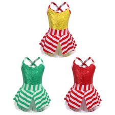 Girls Christmas Dance Dress Leotard Shiny Sequins Striped Gym Ballet Ice Skating