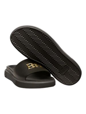 NEW BALLY men\'s jaxons 6300152 leather sandals in black bovine grained Bally JAXONS BLACK LEATHER B CHAIN GOLD LOGO SANDALS SLIDES  main image 4