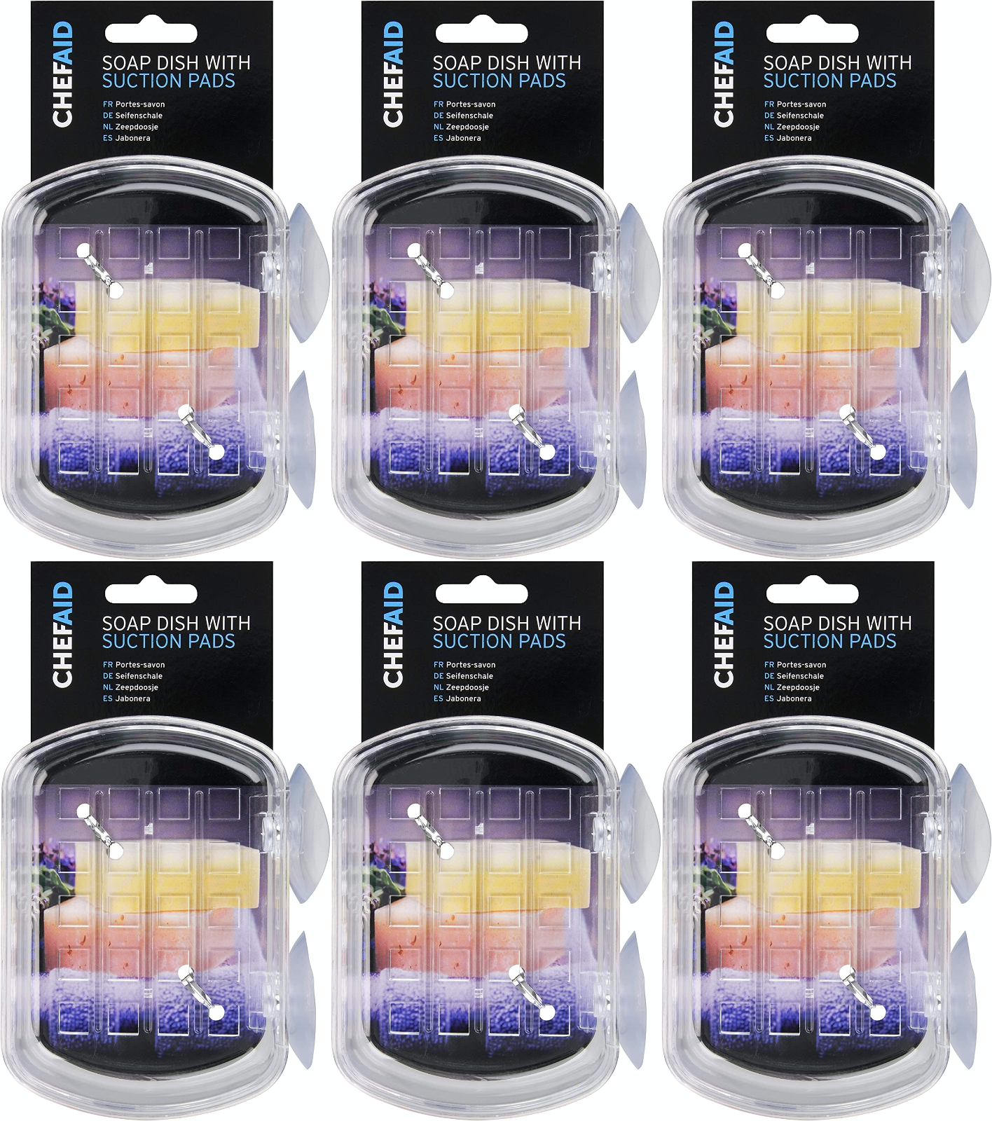 6x Chef Aid Plastic Soap Dish with Suction Pads Bathroom Shower Tile Caddy Stand