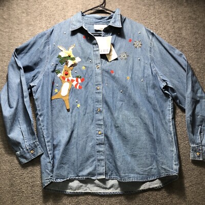 Casey & Max XL Women's Blue Denim Reindeer Applique Button Front Shirt Christmas