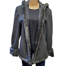 Vintage Espirit Wool Hooded Coat Women's L Charcoal Hook Close Embroider Pockets