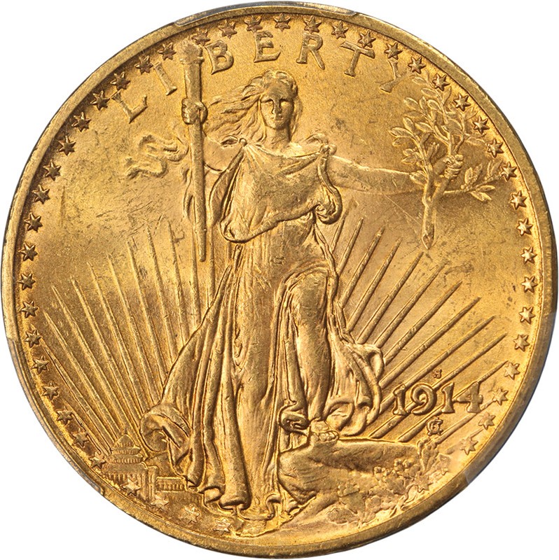 1914-S Saint-Gaudens Gold $20 PCGS MS63 Superb Eye Appeal Strong Strike