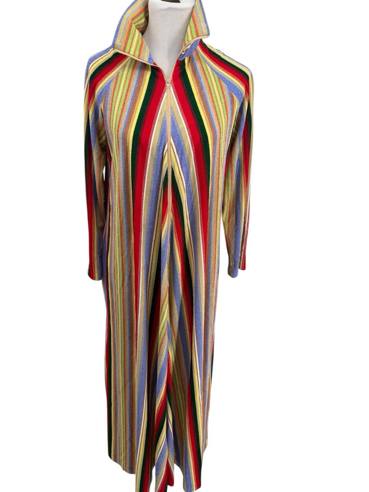 Vtg 1970s Miss Elaine Bell Sleeve Multicolor Striped Robe House Coat Mrs Roper
