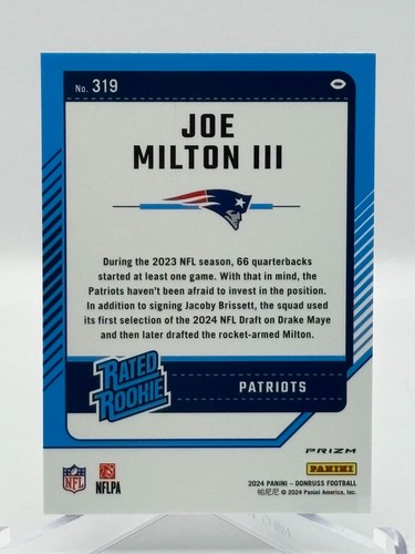 2024 Panini Donruss Football Optic Rated Rookies Preview Holo 319 Joe Milton III - Picture 12 of 12