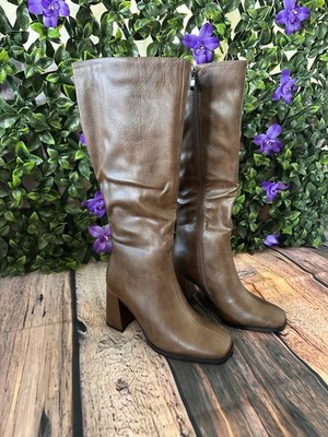 Brown Knee High Block Heel Square Toe Riding Boots Synthetic US 7 Zip