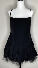 #23286 Stylish black spaghetti-strap ruched puff-sleeve mini dress