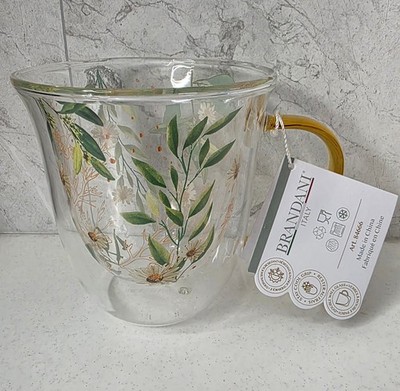 Neu BRANDANI Doppelwandiges Glas 15 Unzen Kaffee/Tee Becher Gänseblümchen gelber Griff