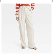 Women  s High Rise Pleat Front Straight Trousers A New Day NWT Size 10 Cream