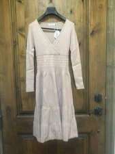 ANRABESS Women's Ribbed Knit Faux Wrap V-Neck Dress Pink M