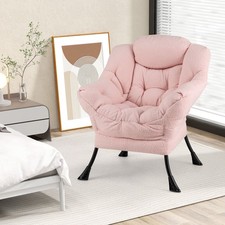 Pink Lazy Chair Sherpa Upholstered Accent Chair Cozy Head Pillow Tufted Seat
