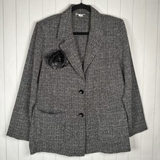 Vintage Blair 80s 90s Tweed Gray Blazer Formal Business Jacket Flower Brooch 14P