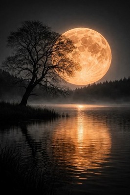 8x10 Photo Print   Golden Harvest Moon Over Lake   Black & White Landscape Gloss