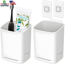 2 Pc Wall Mounted Toothbrush Holder No Drilling Bathroom Kitchen White