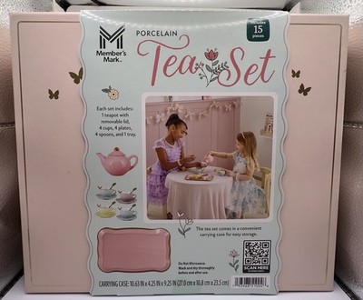 Members Mark Porcelain Tea Set 15 Piece Pretend Play with Carrying Case