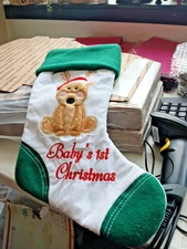 Holiday Home Baby's 1st Christmas Rain Deer Stocking Green Red &White
