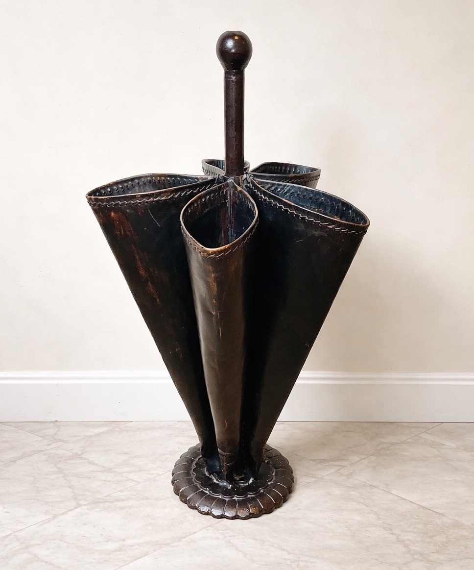 Vtg MCM French Style Leather Umbrella/Cane Tall Cast Iron Stand Holder Nice