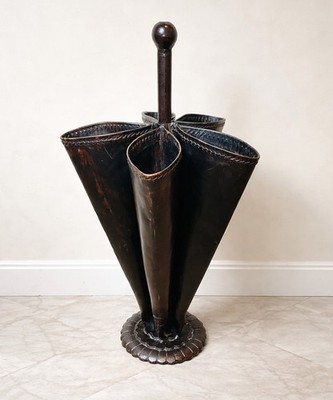 Vtg MCM French Style Leather Umbrella/Cane Tall Cast Iron Stand Holder Nice