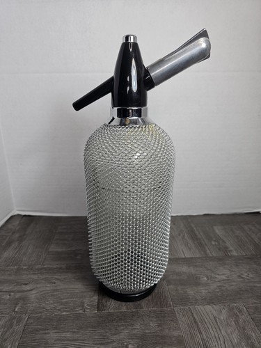 Vintage 14” Syphon Glass Seltzer Bottle Silver Mesh Classic Soda Water Siphon
