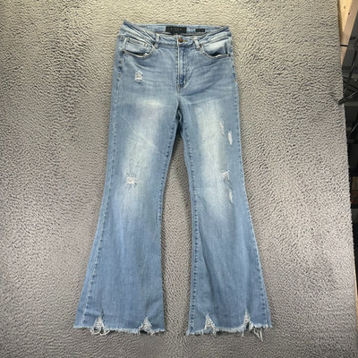 Risen Jeans Womens 11 Blue Cotton Denim Flared Leg Faded Workwear Travel Stretch