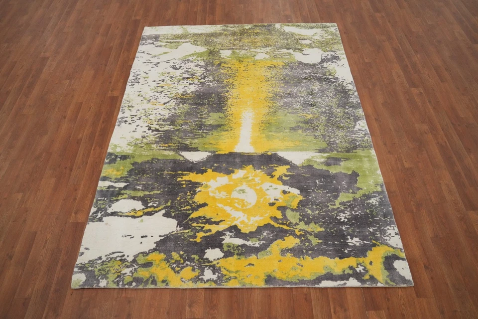 Nature Print Design Silk Carpet Hand-Knotted Indian Abstract Modern Rug 5x7 Ft - Image 2 of 4