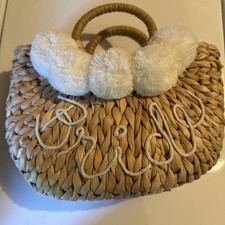 Bride Straw Tote Purse Bag Handmade Honeymoon Pompoms Tan Beige