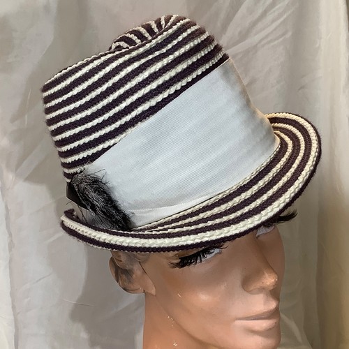 Vintage hat Sonni striped Black white Straw fedora Trilby spiral Funky artsy 70s - Picture 3 of 8