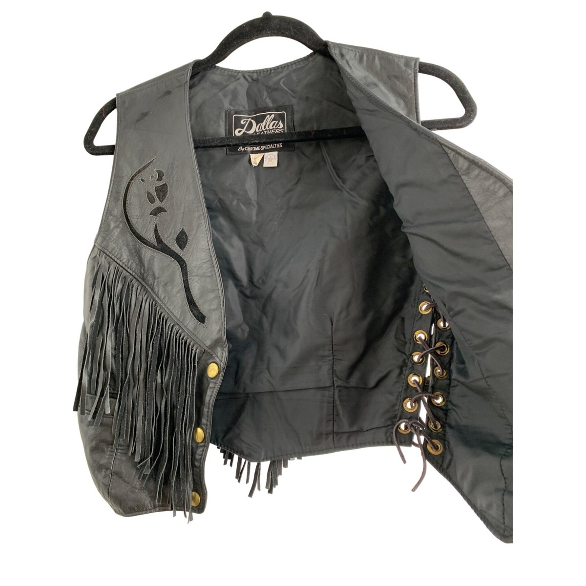 Womens 80s Vintage Black Leather USA 7194 Vest Fringe Snaps