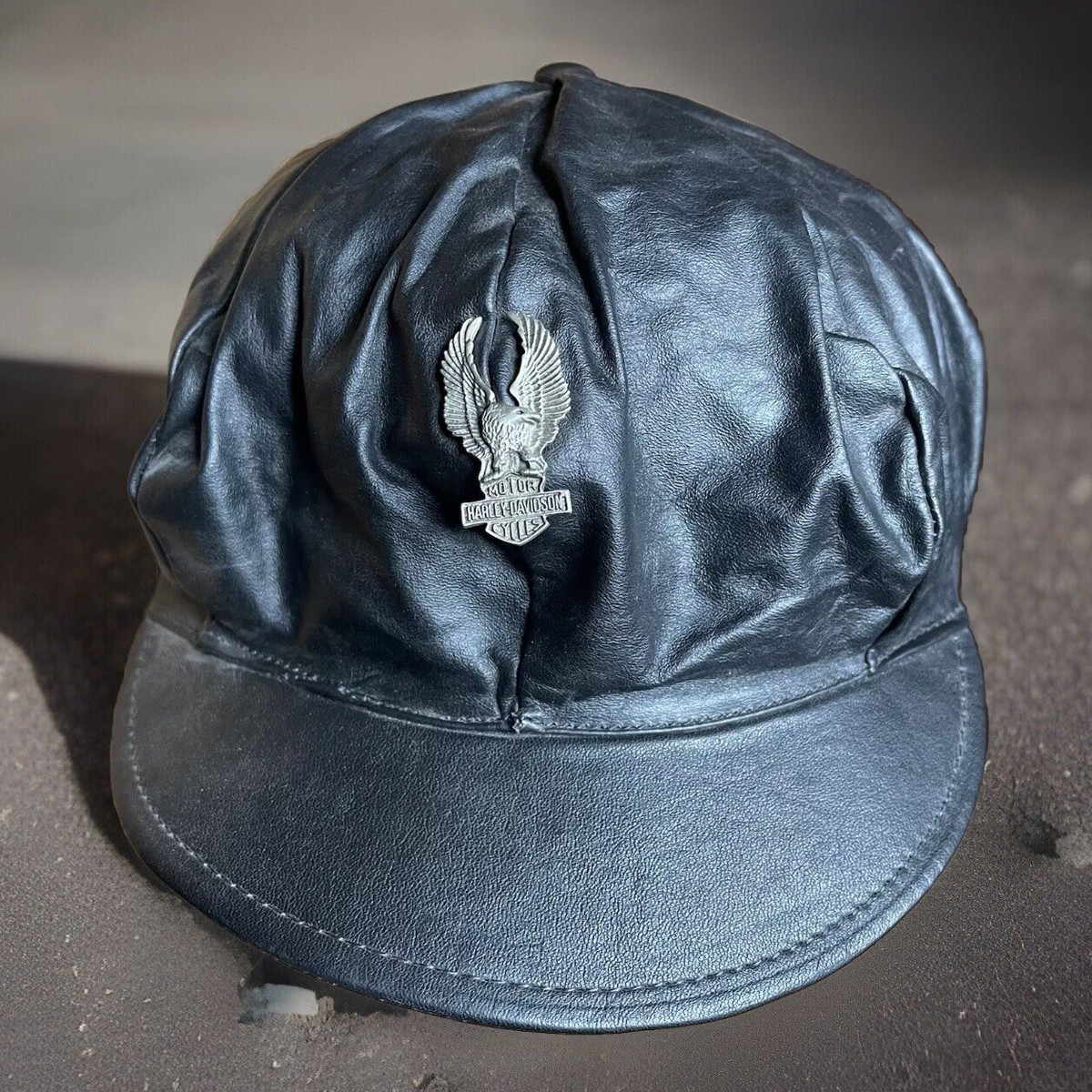 Vintage Harley Davidson Leather Captain Cabbie Brim Eagle Hat Cap Size L-XL  Rare