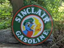 VINTAGE 49 SINCLAIR GASOLINE "IT'S TIME" PORCELAIN GAS STATION PUMP SIGN 12"