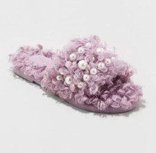 NEW Cat Jack Girls Adeline Embellished Pearl Fuzzy Slide Slippers Size 2