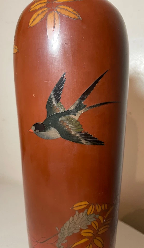 BIG antique 19th century Japanese Meiji red totai cloisonné porcelain bird vase - Image 4 of 4