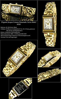 Luxuriöse JACQUES LEMANS Damenuhr JL-814 Swiss made 10 Micron vergoldet römisch