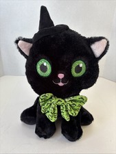 Stuffed Plush Black Halloween Cat w/Witch  s Hat Big Eyes 12  Green Bow Tie