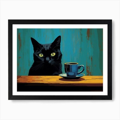 Schwarze Katze mit Tasse Kaffee Kunst Pr gerahmtes Wandbild Poster Leinwanddruck Bild