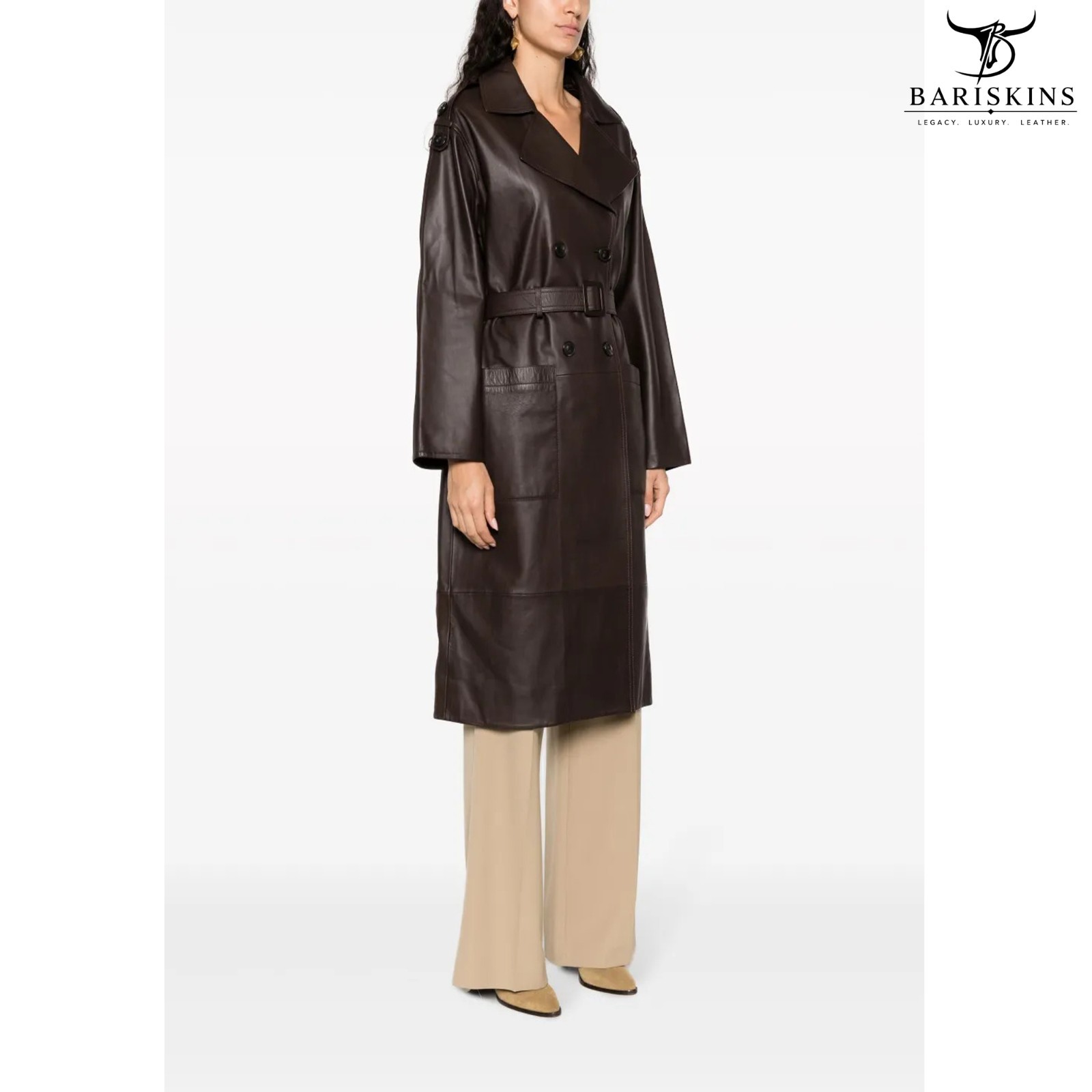Womens Genuine Leather Trench Coat Dark Brown Long Fit Belted Double Breasted image 4