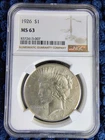 1926-P Silver Peace Dollar $1 - Philadelphia Mint - 90% Silver - NGC MS 63