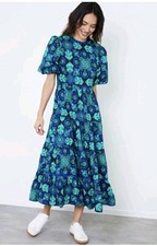 Another Sunday Poplin Puff Sleeve Tiered Cobalt Gro Print Smock Midi Dress UK 10