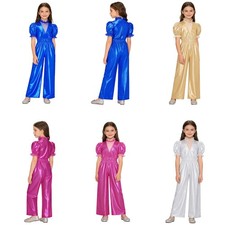 Girls Jumpsuit Night Disco Patchwork Rompers Elastic Waist One Piece Metallic