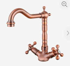 Copper Finish High Arc Deck Mounted Kitchen Mixer Tap, Cross, Hoses