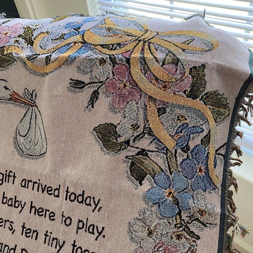 Infant Child Tapestry Throw Blanket Stork Flowers Religious Saying 50 x 40 NWOT - Picture 6 of 8