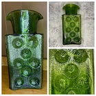 Vintage Rare Blenko Joel Myers Olive Green Glass Pinwheel Double Spout Decanter