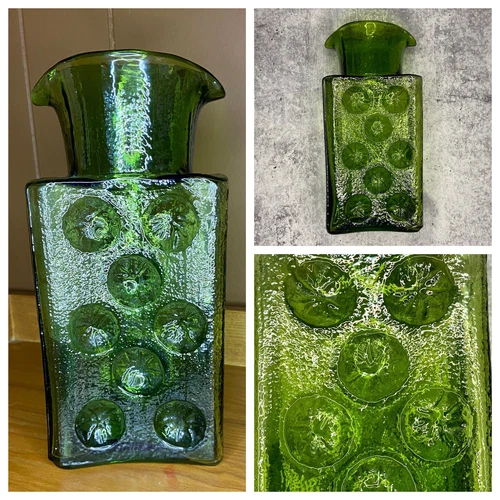 Vintage Rare Blenko Joel Myers Olive Green Glass Pinwheel Double Spout Decanter