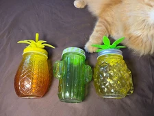 Summer Glasware Set w Pineapple & Cactus Shaped Glasses w Lids | Set of 3 