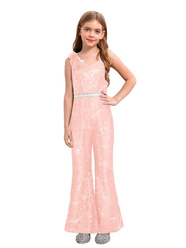 Girls One Shoulder Jumpsuit Sequin Sleeveless Flare Leg Long Romper High Waist - Picture 35 of 74
