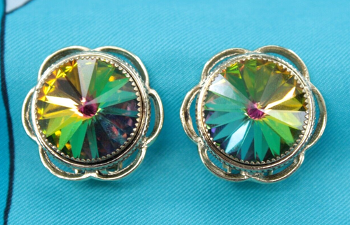 VTG Women's 70s NOS Whiting & Davis Gold Tone Watermelon Jewel Clip On Earrings - Picture 2 of 8