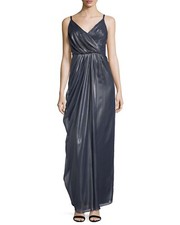 Vera Wang 165361 Womens Metallic Chiffon Draped Column Gown Dress Navy Size 14