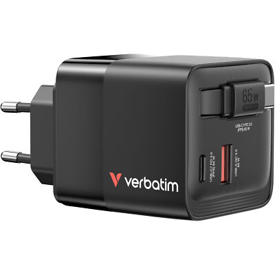 Verbatim GaN-Ladegerät 65W, 1x USB-A , 2x USB-C, ausziehbares Kabel, schwarz