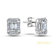 14K White Gold Finish 2CT Emerald Cut Diamond Halo Stud Jewelry Earrings Women's